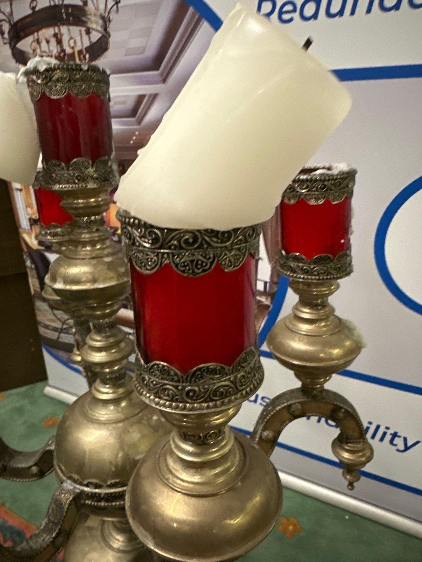 A 6 Arm Candelabra Plus Centre Candle With Red Glass Urn Shaped Body 47 X 90 cm Possibly Moroccan - Bild 5 aus 8
