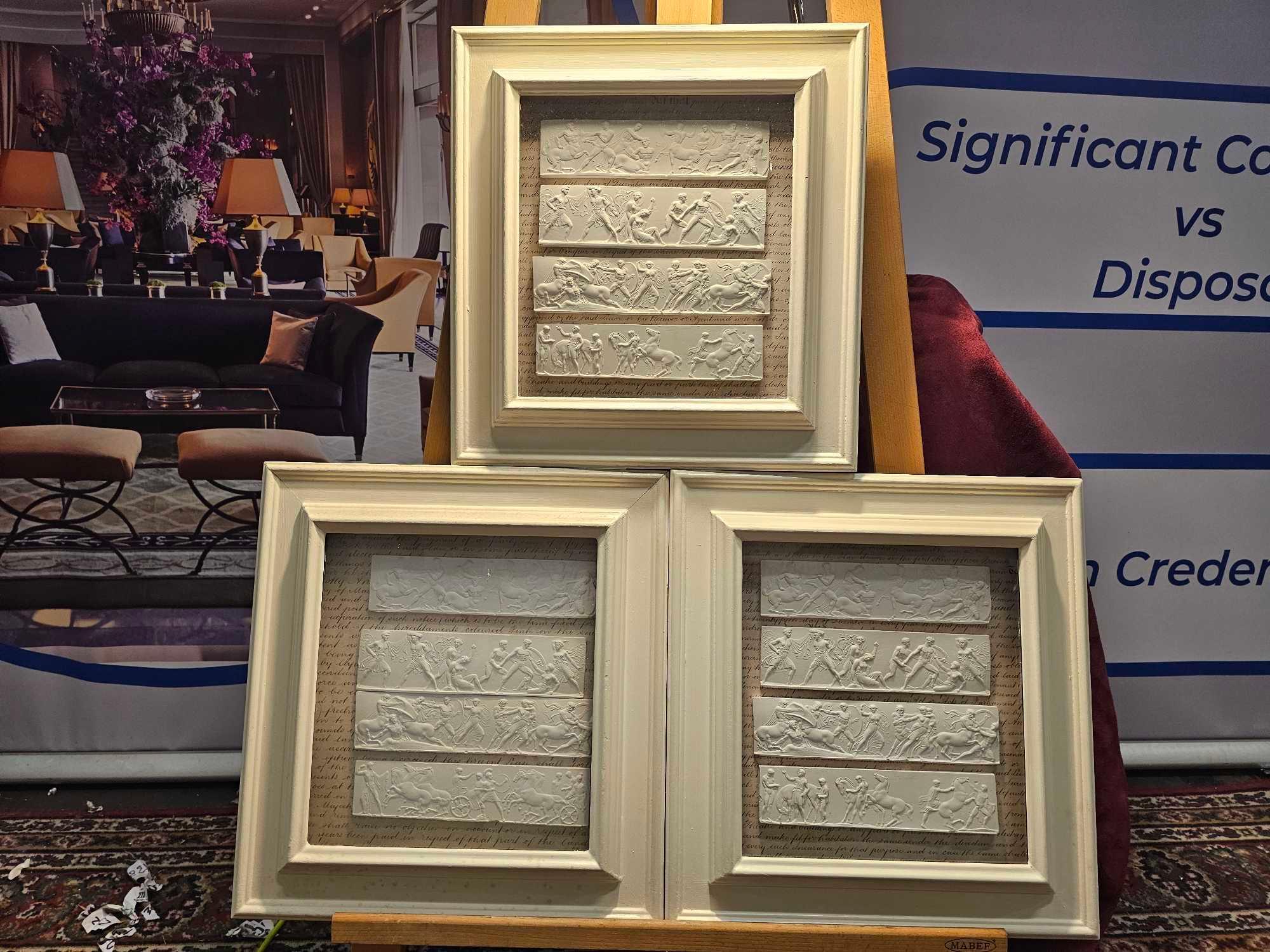 A Set of 3 x Framed Artwork of Plaster Relief Panels Depicting Friezes of The Parthenon 41 x 43cm (