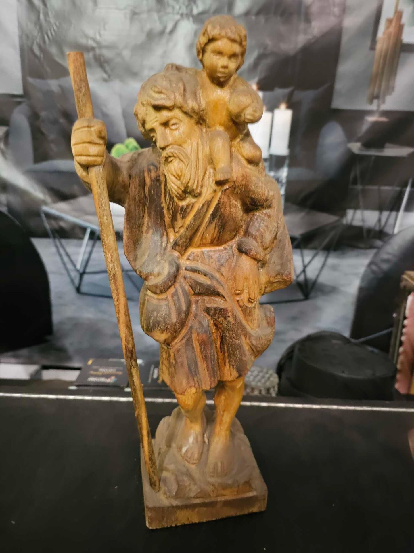 A Large Carved Wooden Figurine St Christopher