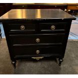 A Pair Four Drawer Commode Chests Raised By Four Block Feet With A Square Carved Motif And Scrolled