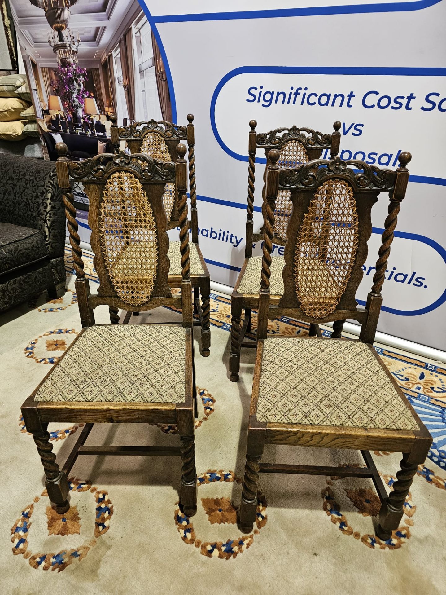 4 x Oak Chairs Featuring carved backrests with ovoid cane panels above upholstered seats and