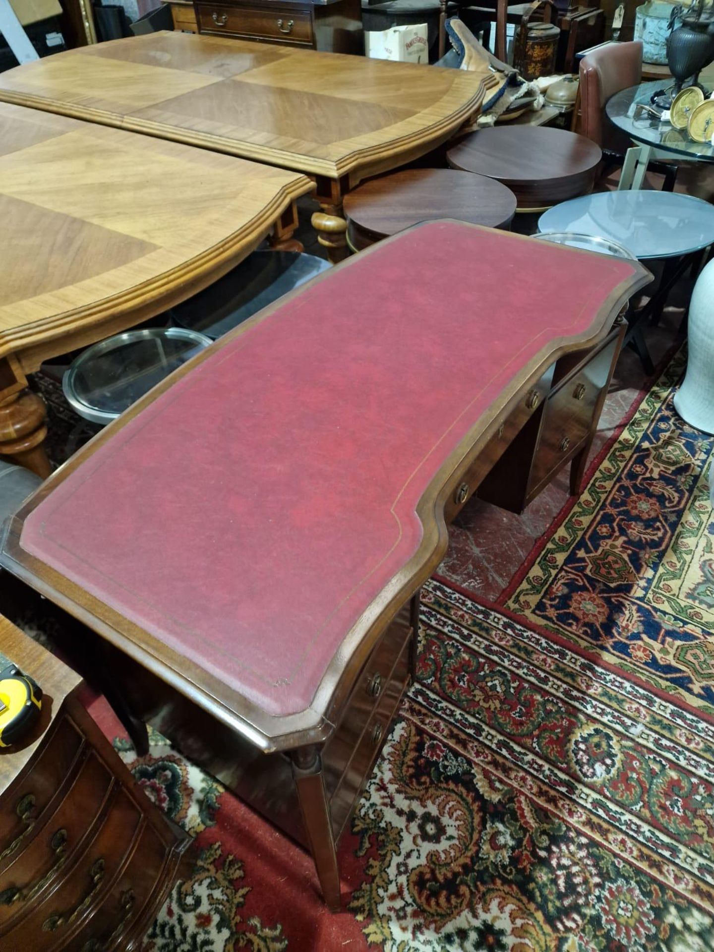 A Twin Pedestal Mahogany Desk Shaped Top Adorned With A Finely Tooled Leather Inset With Central - Image 3 of 4