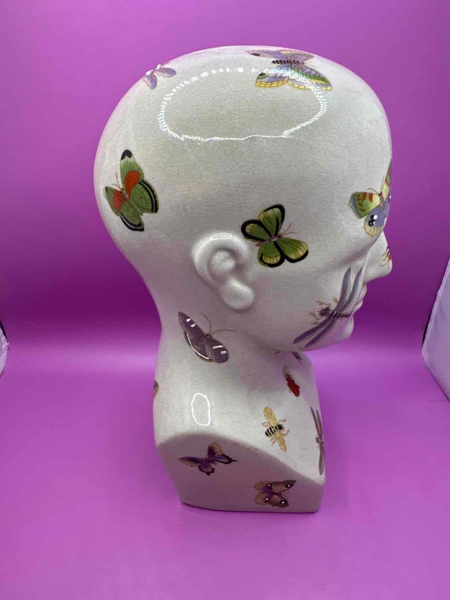 Ceramic Phrenology Head Adorned With A Colourful Colony Of Winged Insects: Bees, Butterflies, - Image 2 of 4