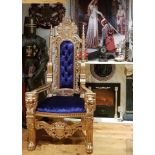 Throne Chair A Handmade Mahogany Chair Painted Gold And Upholstered In A Pinned Royal Blue Velvet