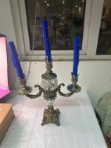 A Brass, Metal And Crystal Candelabra Three Arm 38 cm