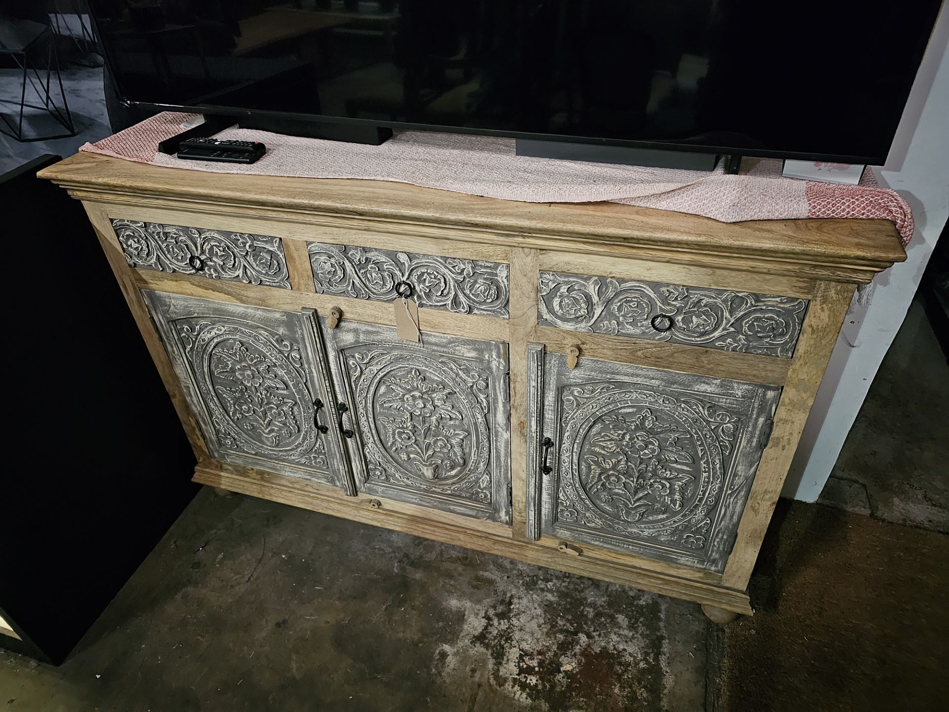 Mandala Sideboard Three Drawer Three Door Solid Reclaimed Wood Timeless Hand-Carving And