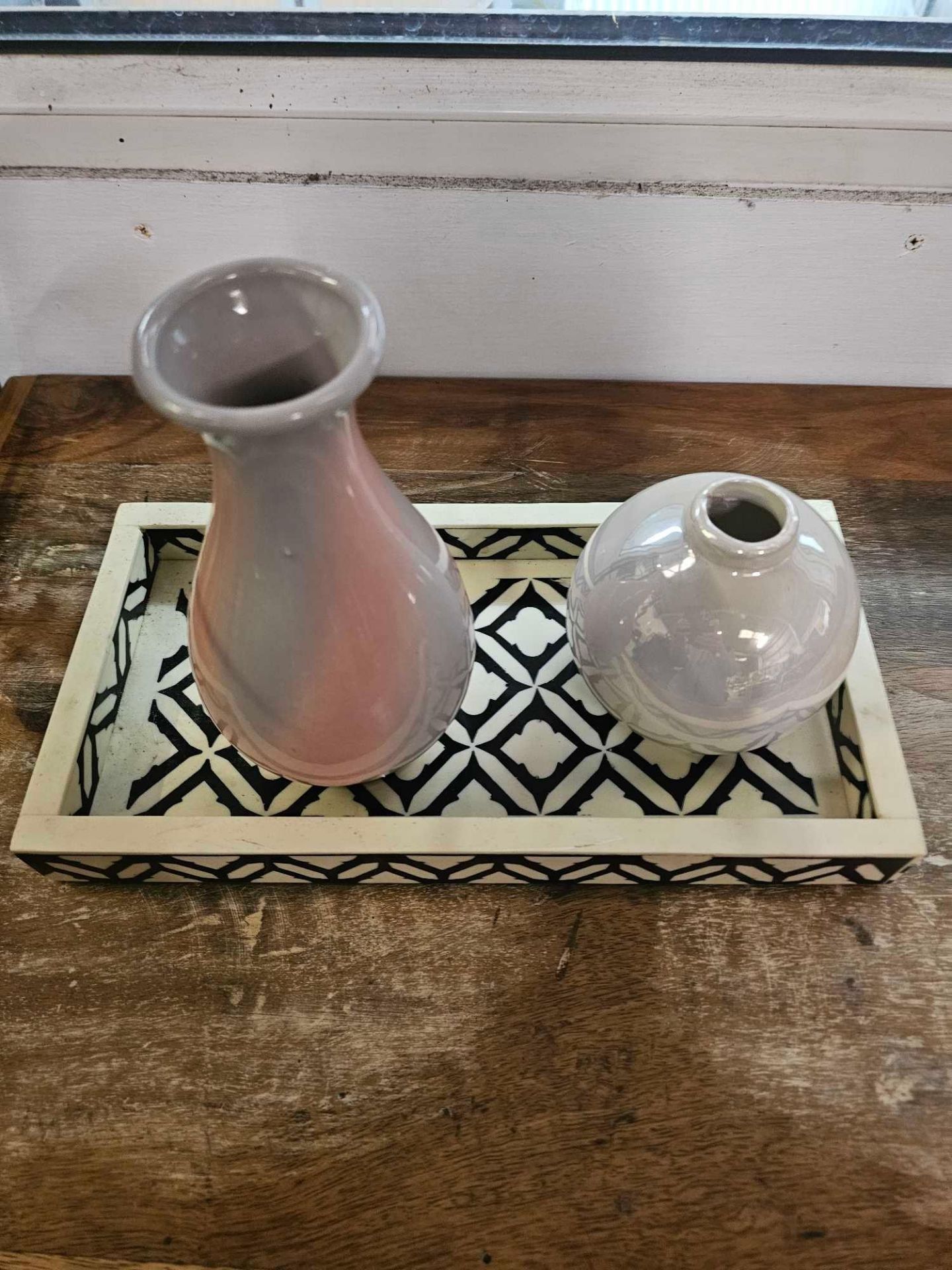 Decorative Objects To Include A Glazed Vase 10cm A Squat Bud Vase Round 11cm And A Geometric Pattern