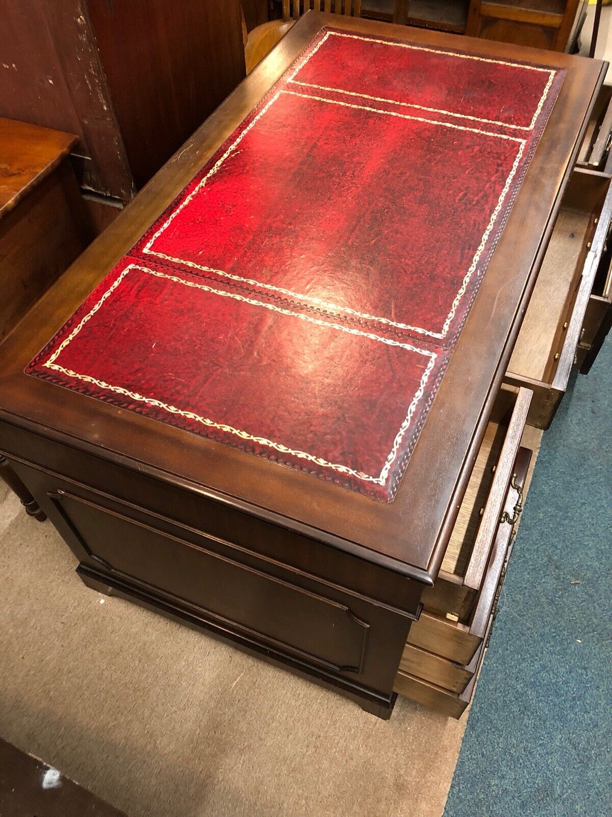 George III style mahogany pedestal desk. The rectangular top with a red leather and tooled insert, - Image 7 of 7