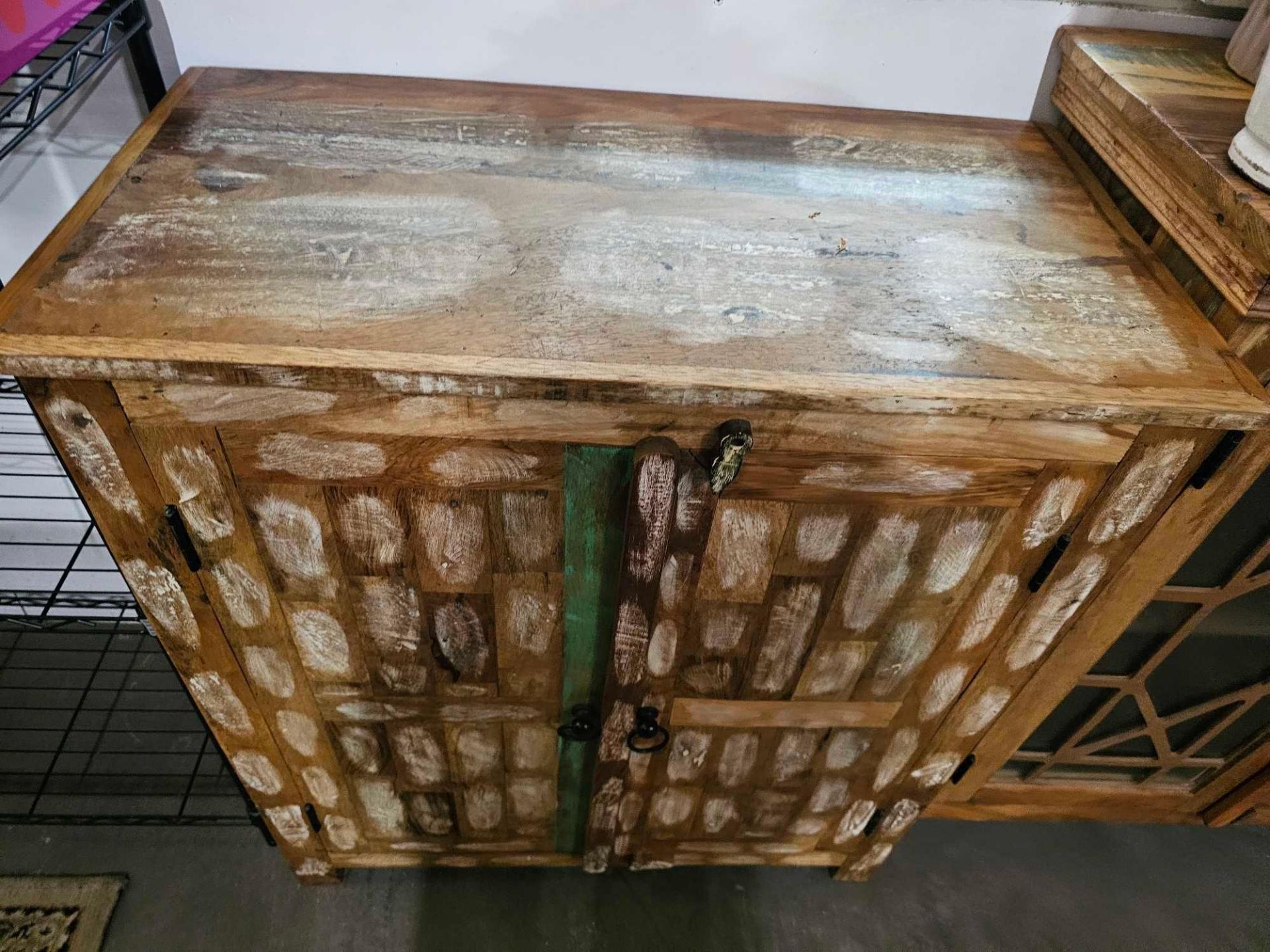 A Indian Hand-Carved And Painted Reclaimed Wood Cabinet Distressed 80 x 40 x 90cm - Image 2 of 3