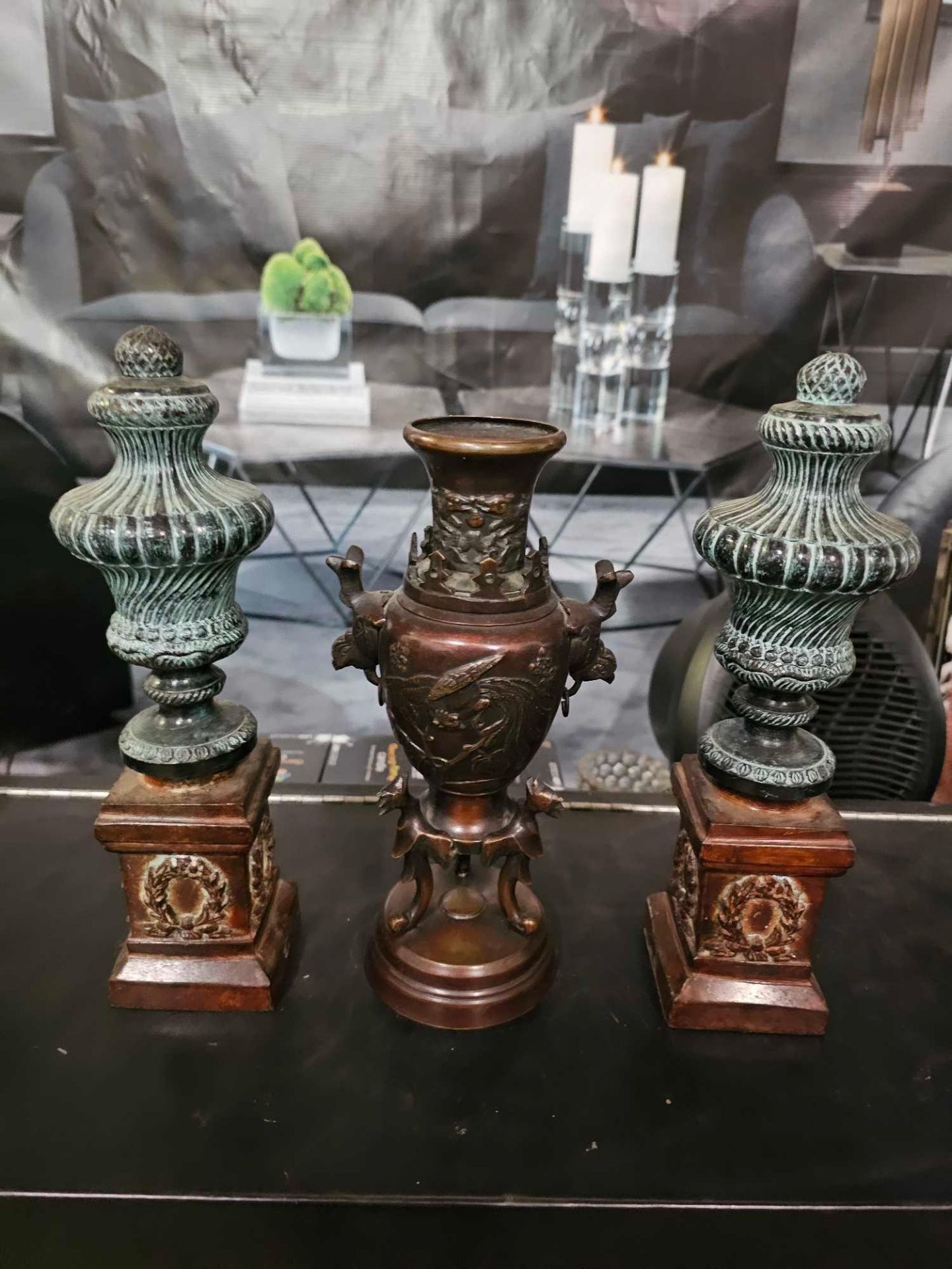 A Pair Of Decorative Empire Style Columns And A Bronzed Incense Vase