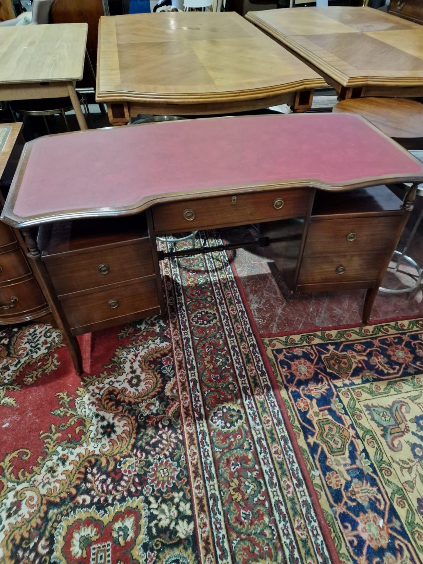 A Twin Pedestal Mahogany Desk Shaped Top Adorned With A Finely Tooled Leather Inset With Central - Image 2 of 4