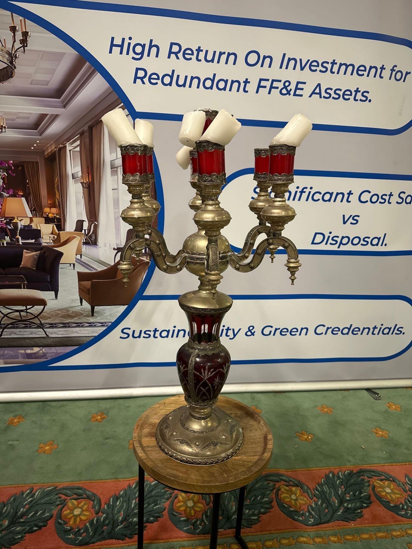 A 6 Arm Candelabra Plus Centre Candle With Red Glass Urn Shaped Body 47 X 90 cm Possibly Moroccan