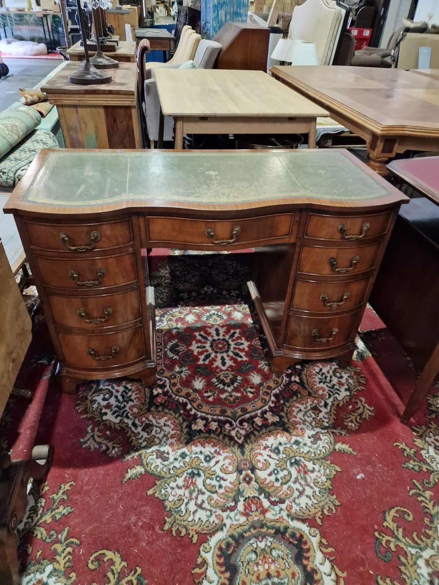 A Georgian Style Burl Walnu Knee Hole Writing Desk The Shaped Leather Inset Top Raised Above A - Image 2 of 5