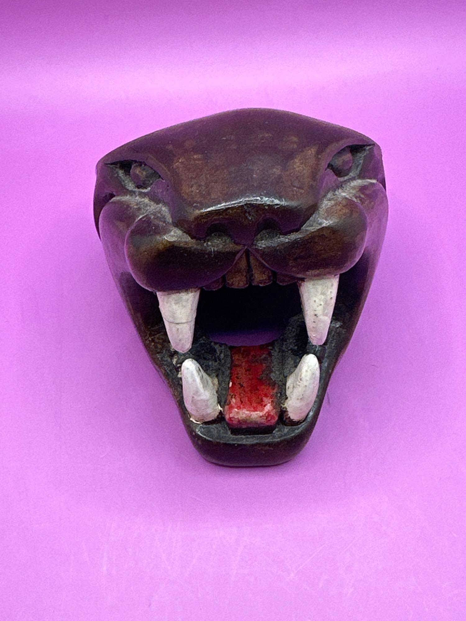 Handcarved Rosewood & Painted Jaguar Head 11.5 X 8 X 9 cm