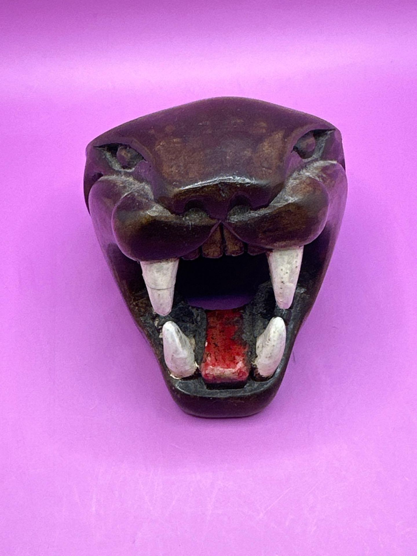 Handcarved Rosewood & Painted Jaguar Head 11.5 X 8 X 9 cm