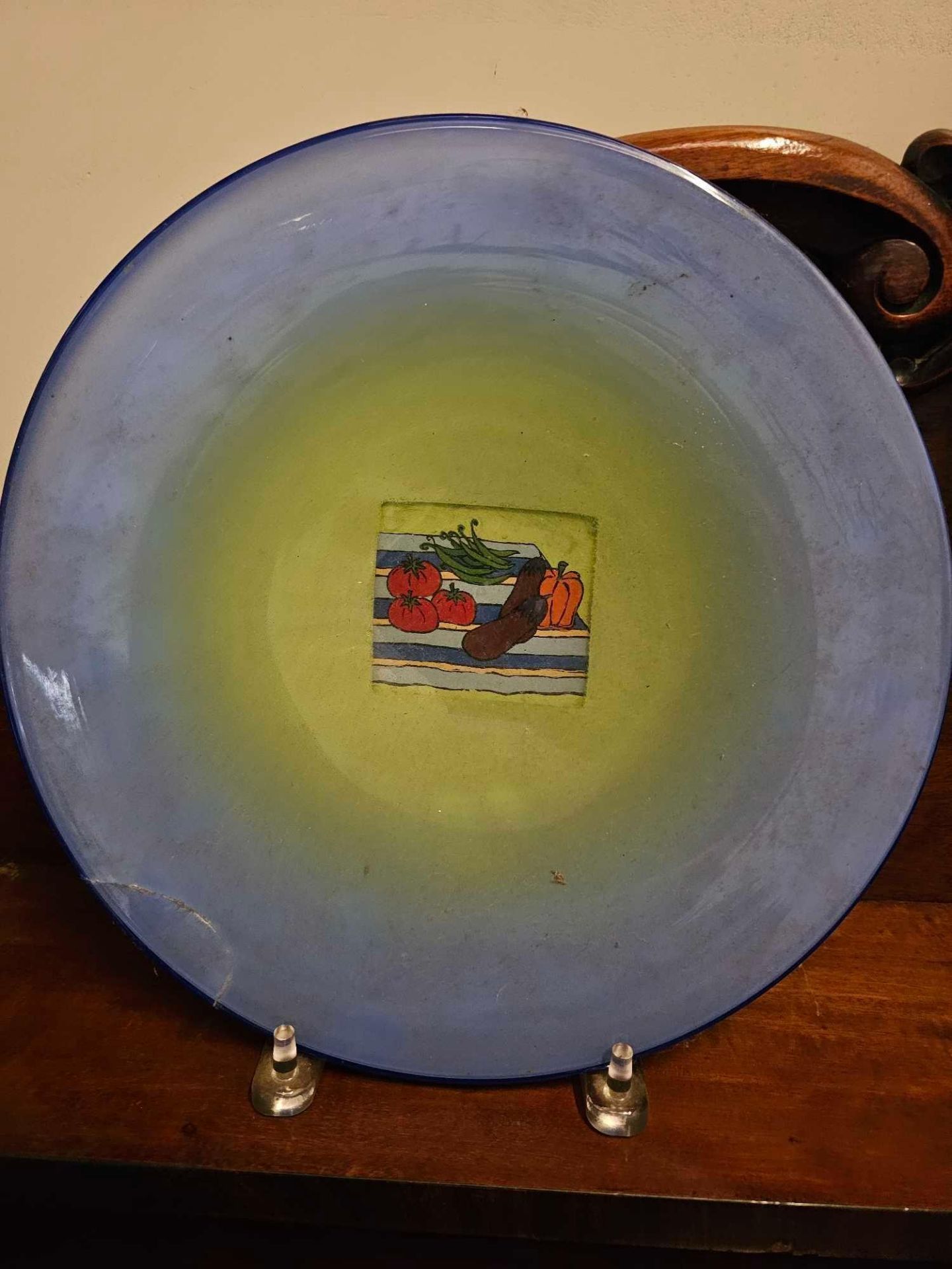 A Coloured Glass Decorative Plate 30cm With Repair