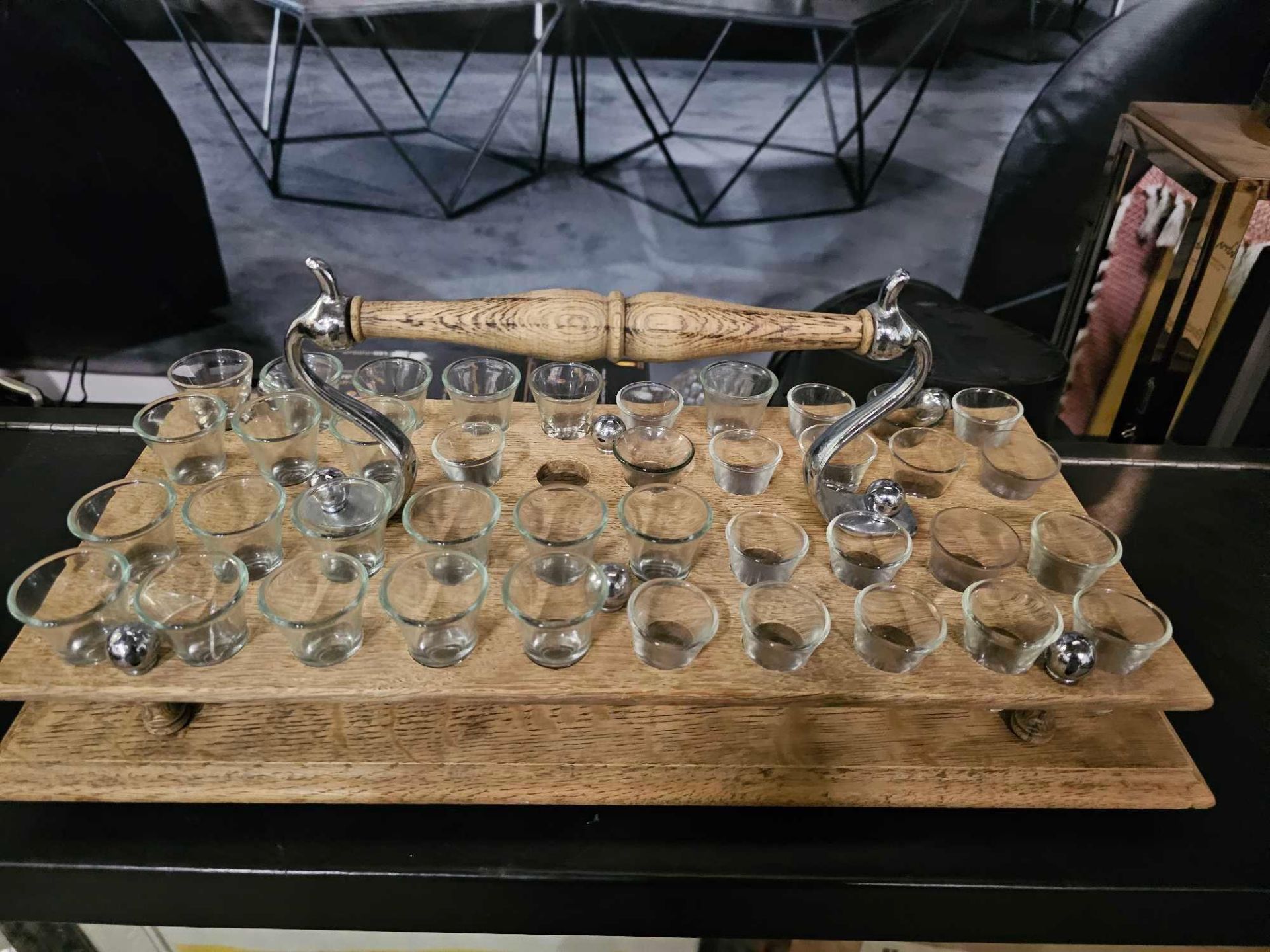 An Oak Service Tray With Handle Holds 40 Glasses (39 Present) Possible A Communion Tray