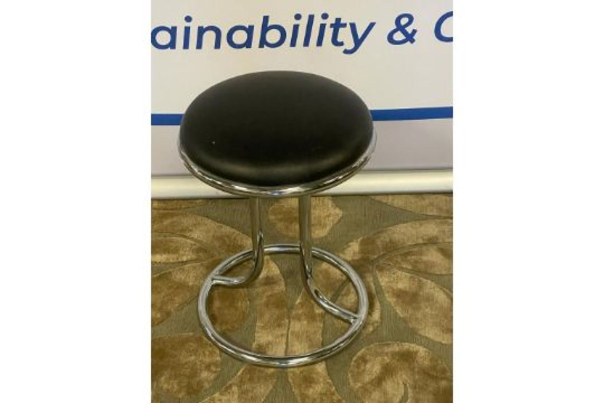 A Pair Of Zoeftig Modern Chrome Vanity Stool Round Stool With Black Vinyl Seat Hrb