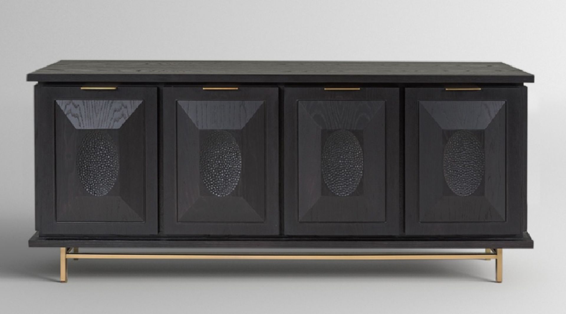 Black American Oak Draper Sideboard. This statement sideboard has a bronzed metal accent handle