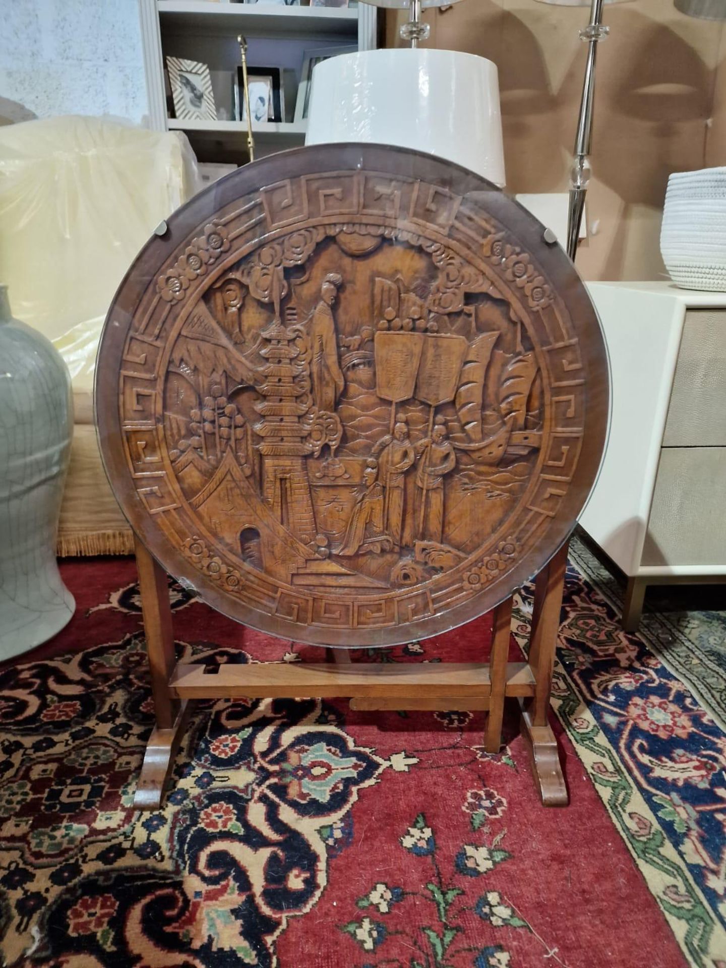 Chinese Carved Hardwood Tilt Top Glazed Gate Leg Tea Table With Heavily Carved Decorative