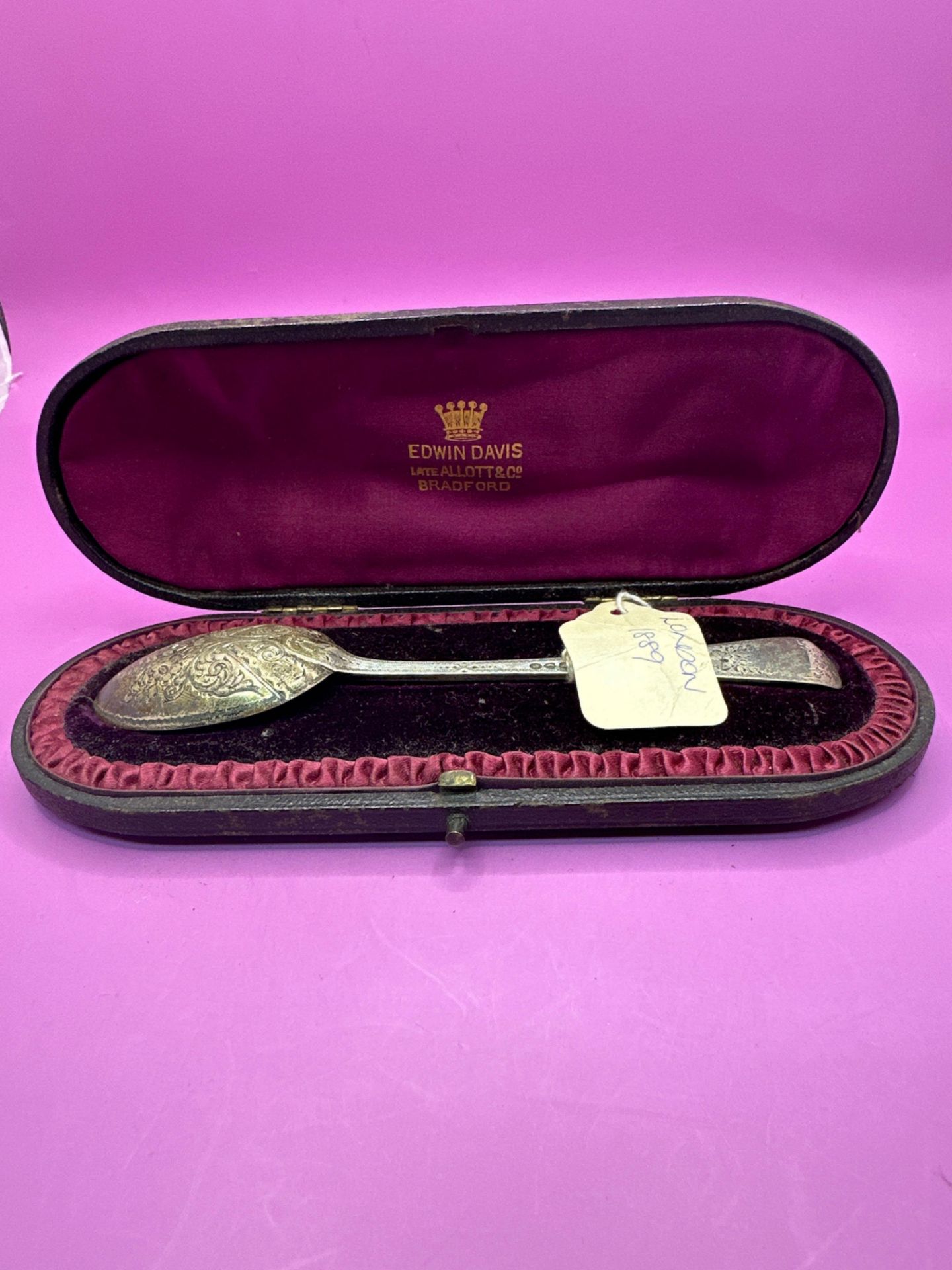 Silver Engraved Hallmarked Spoon With HW In A Edwin Davis Late Allott And Co Bradford Presentation