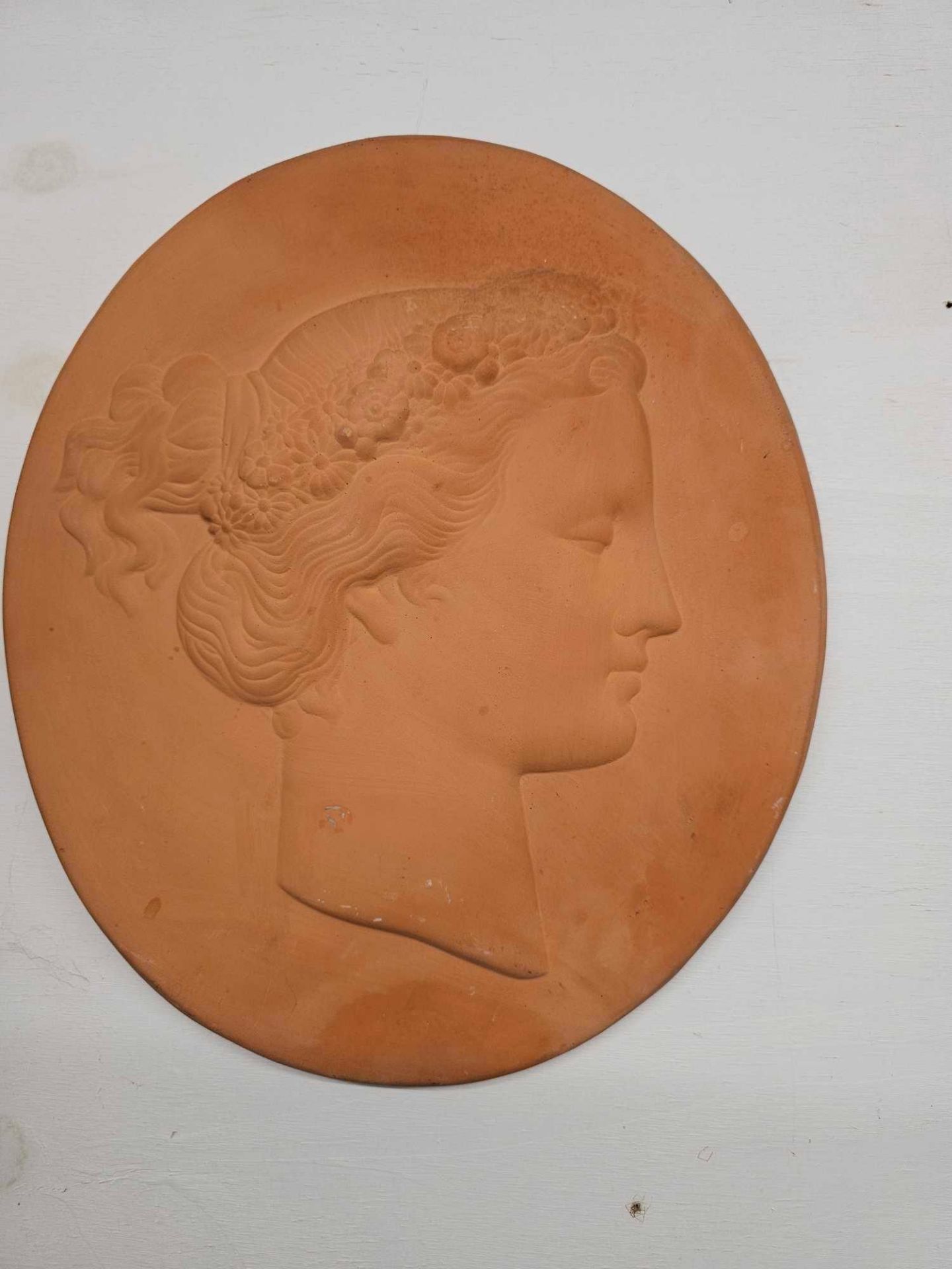 A Set Of 3 x Terracotta Wall Plaques Each With A Classic Relief Scene1 x 33 x 33 And 2 x 34 x 39cm