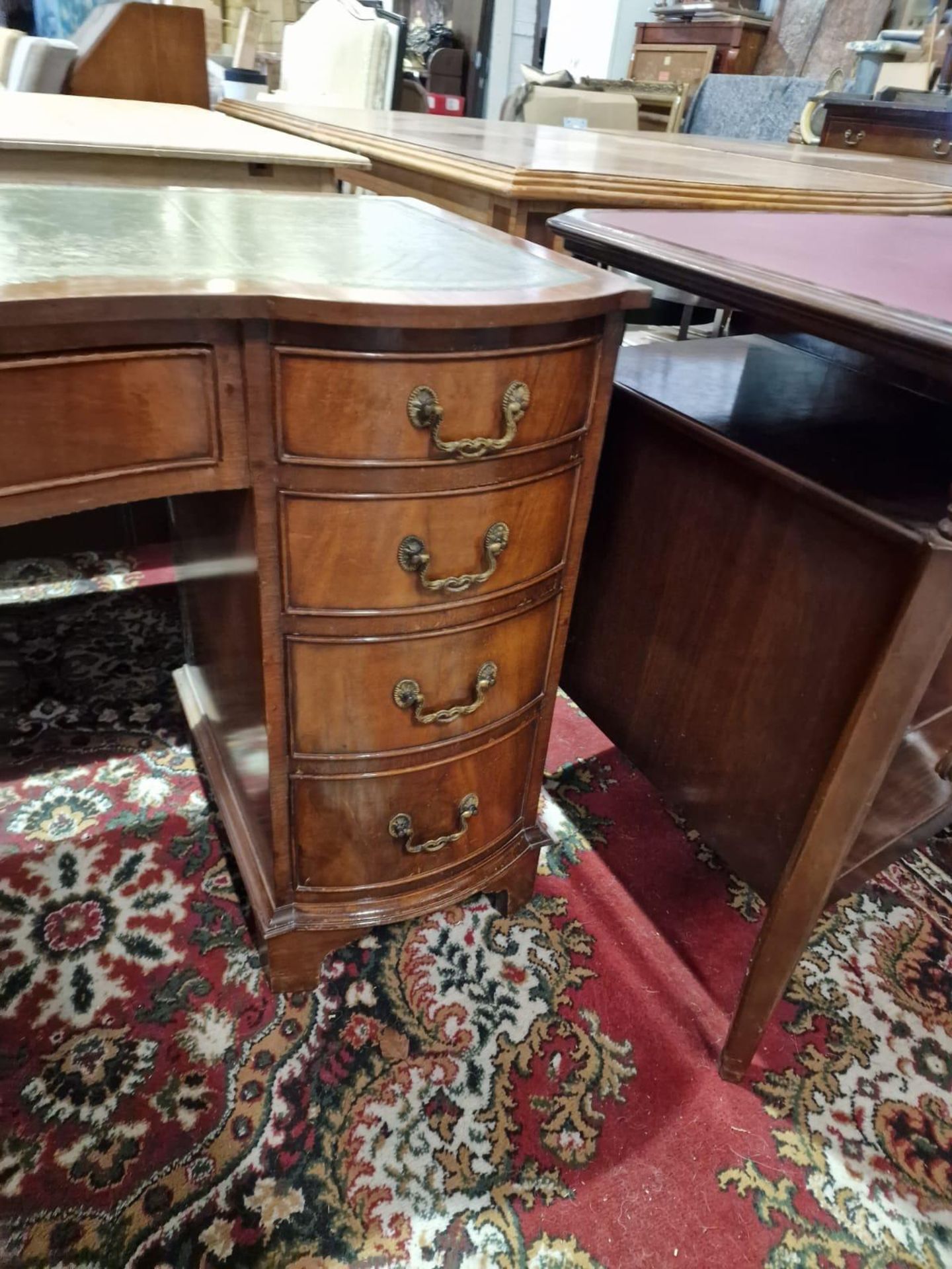 A Georgian Style Burl Walnu Knee Hole Writing Desk The Shaped Leather Inset Top Raised Above A - Image 4 of 5