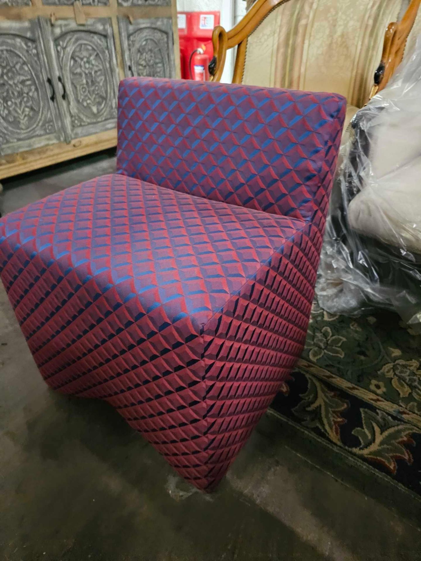 Vanity Stool upholstered in a geometric weave fabric with pink purple sheen and is durable and - Image 2 of 2