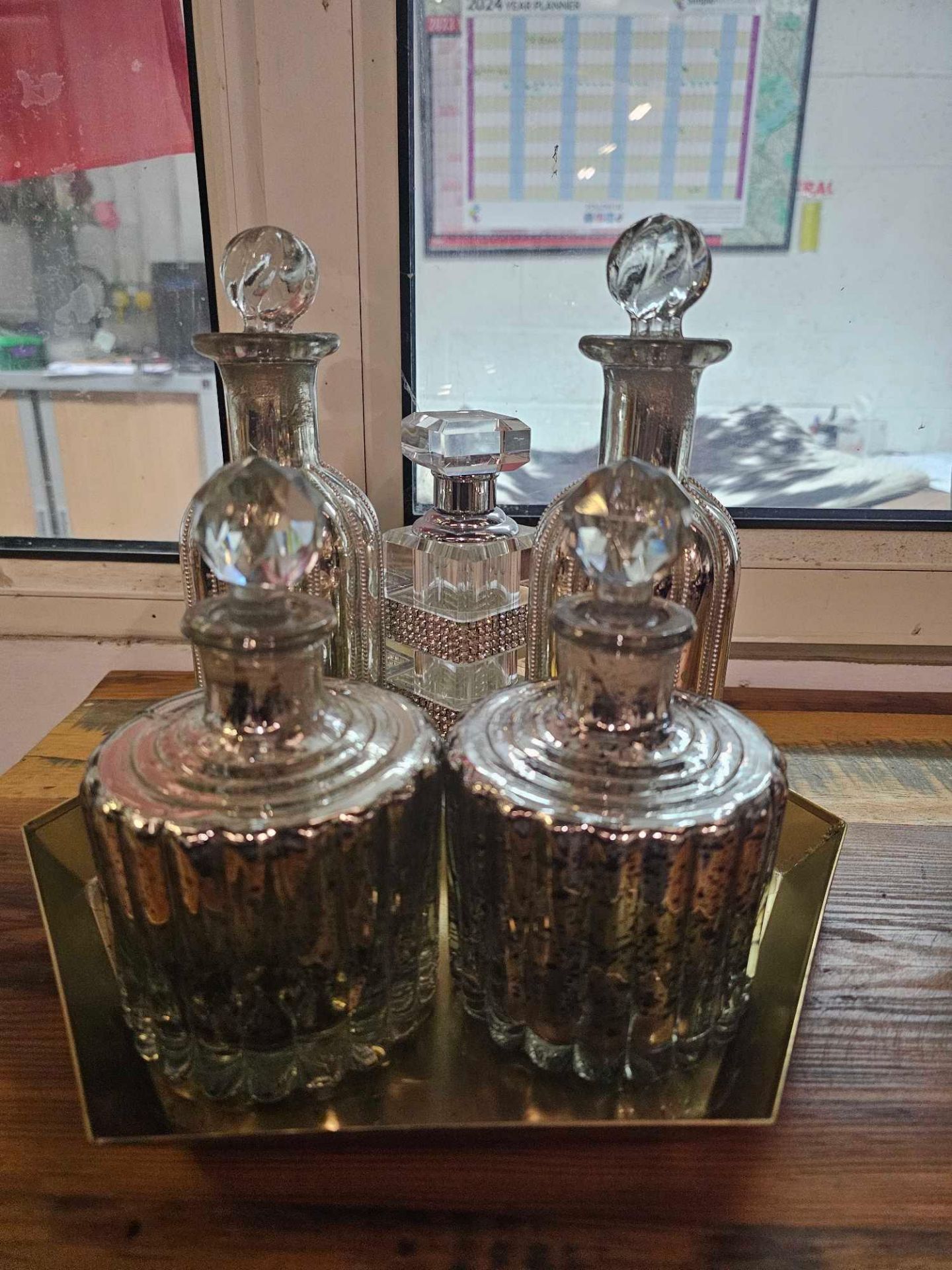 Decorative Objects To Include 5 x Decanter Bottles With Stoppers And A Shaped Tray