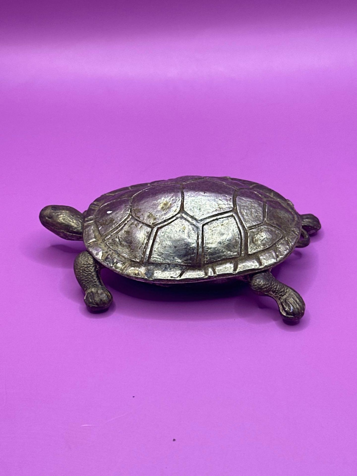 Antique Brass Hinged Turtle/Tortoise Pin Box, Pill Box, Trinket Box, Reg No 939427. 11cm