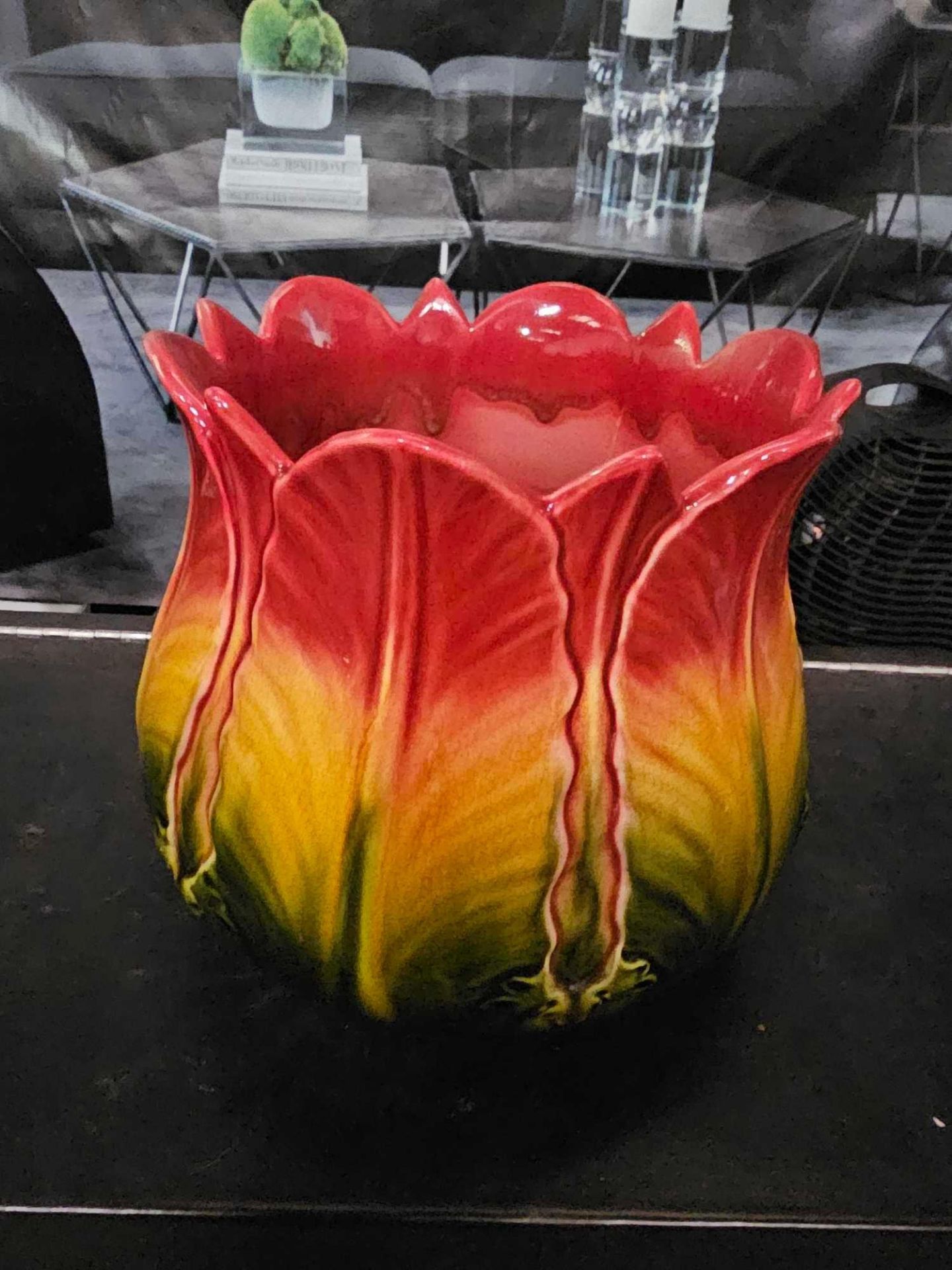 A Vibrant Red Yellow Green Leafe Shaped Ceramic Flower Pot 19 x 19 x 19