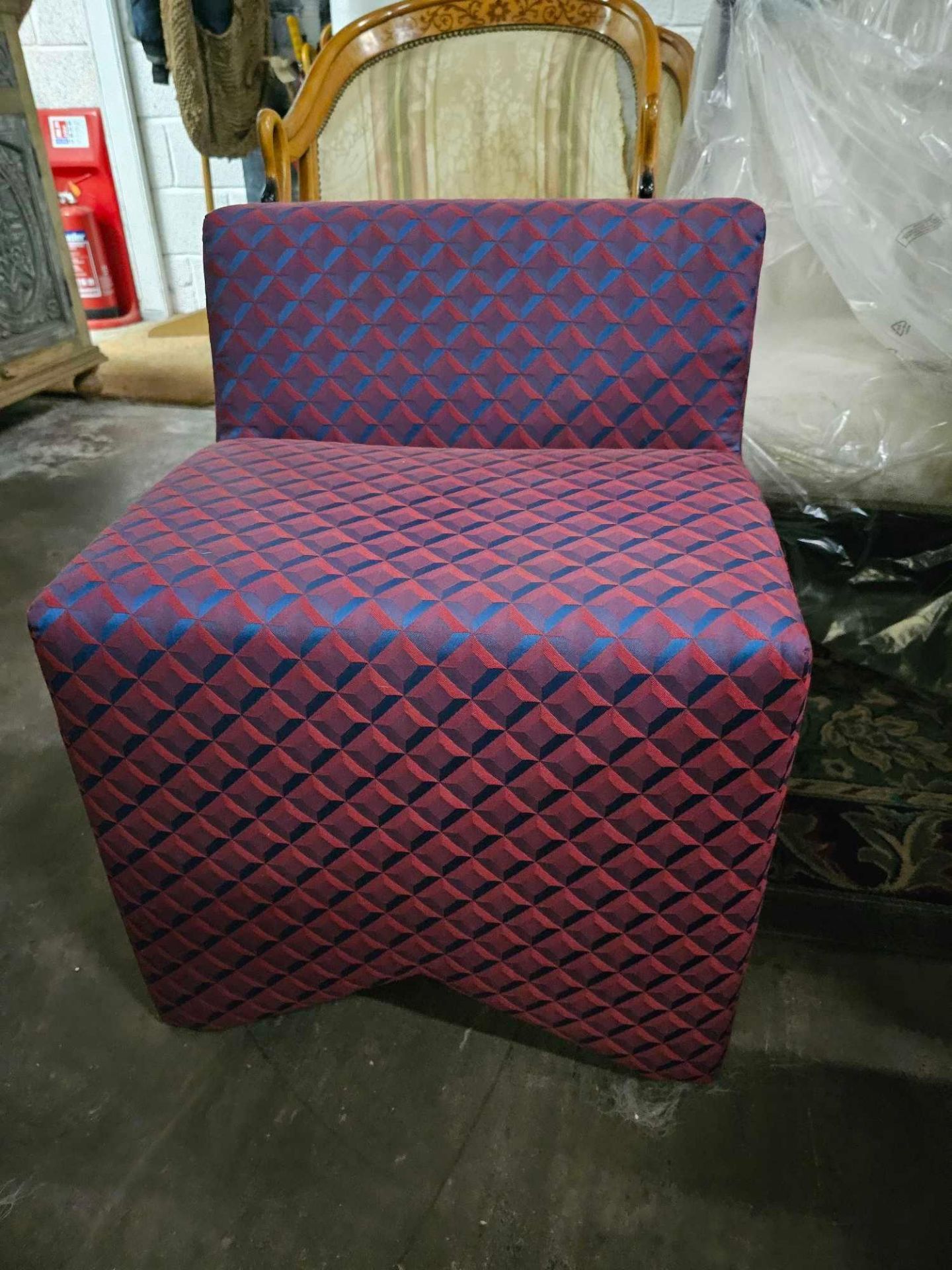 Vanity Stool upholstered in a geometric weave fabric with pink purple sheen and is durable and