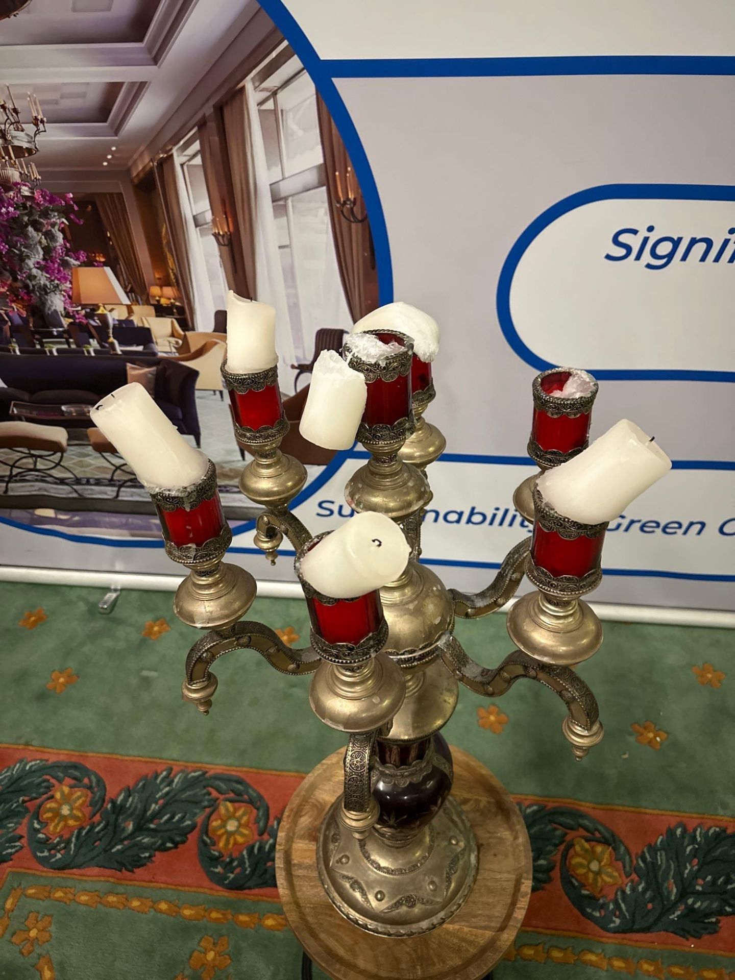 A 6 Arm Candelabra Plus Centre Candle With Red Glass Urn Shaped Body 47 X 90 cm Possibly Moroccan - Bild 4 aus 8