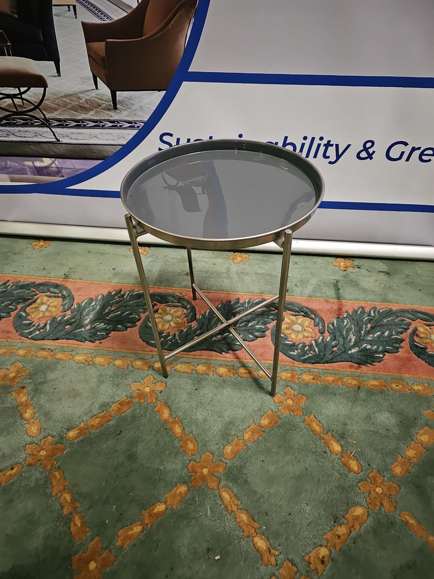 Gallery Contemporary Round Metal Tray Table Dimensions: 43cm x 55cm Finish: Silver and Grey - Image 2 of 5