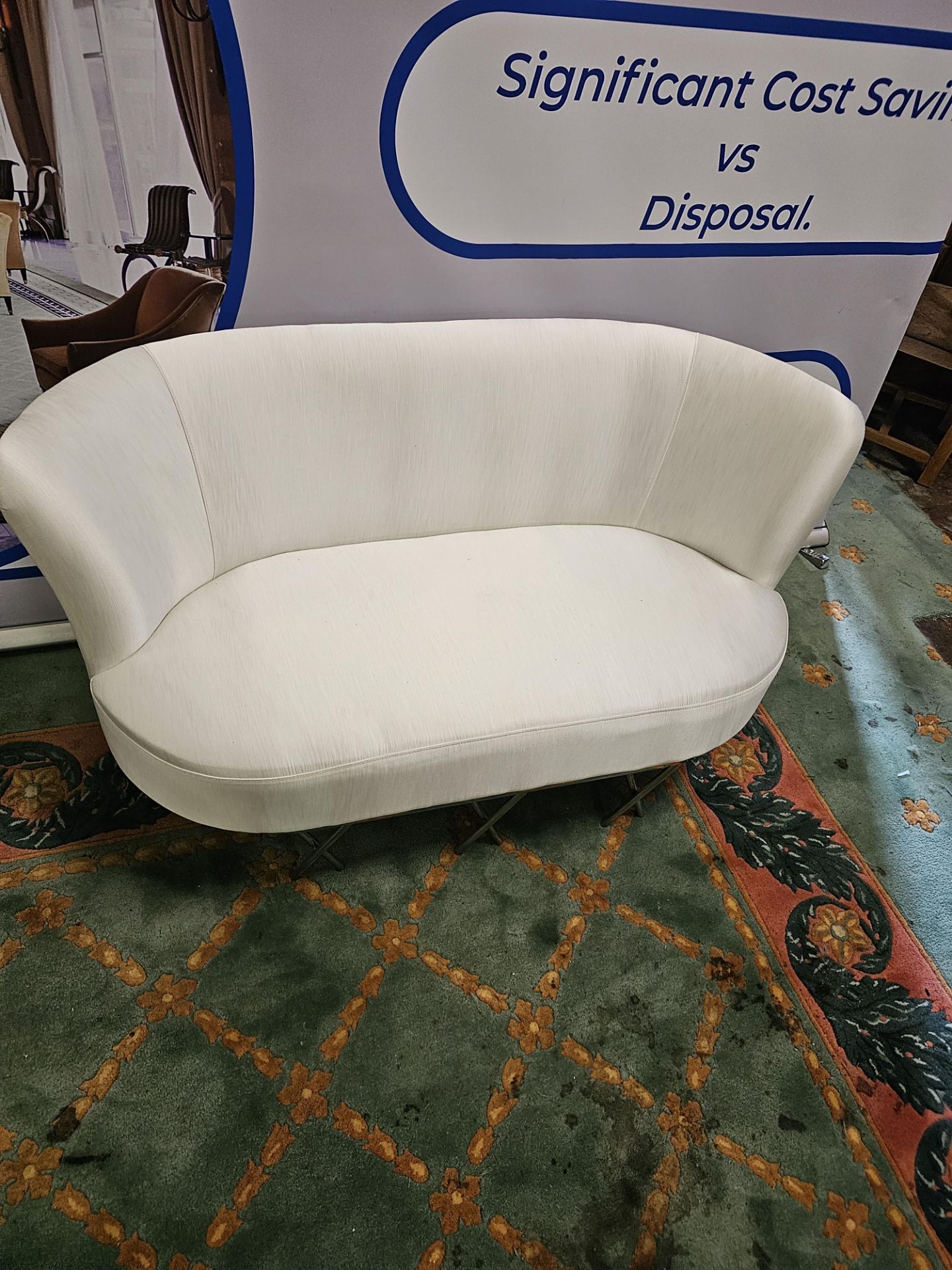 Two Seater Love Seat In A Shiny Oyster White Upholstery On Chrome Feet 155cm x 70cm x 73cm high - Image 3 of 10