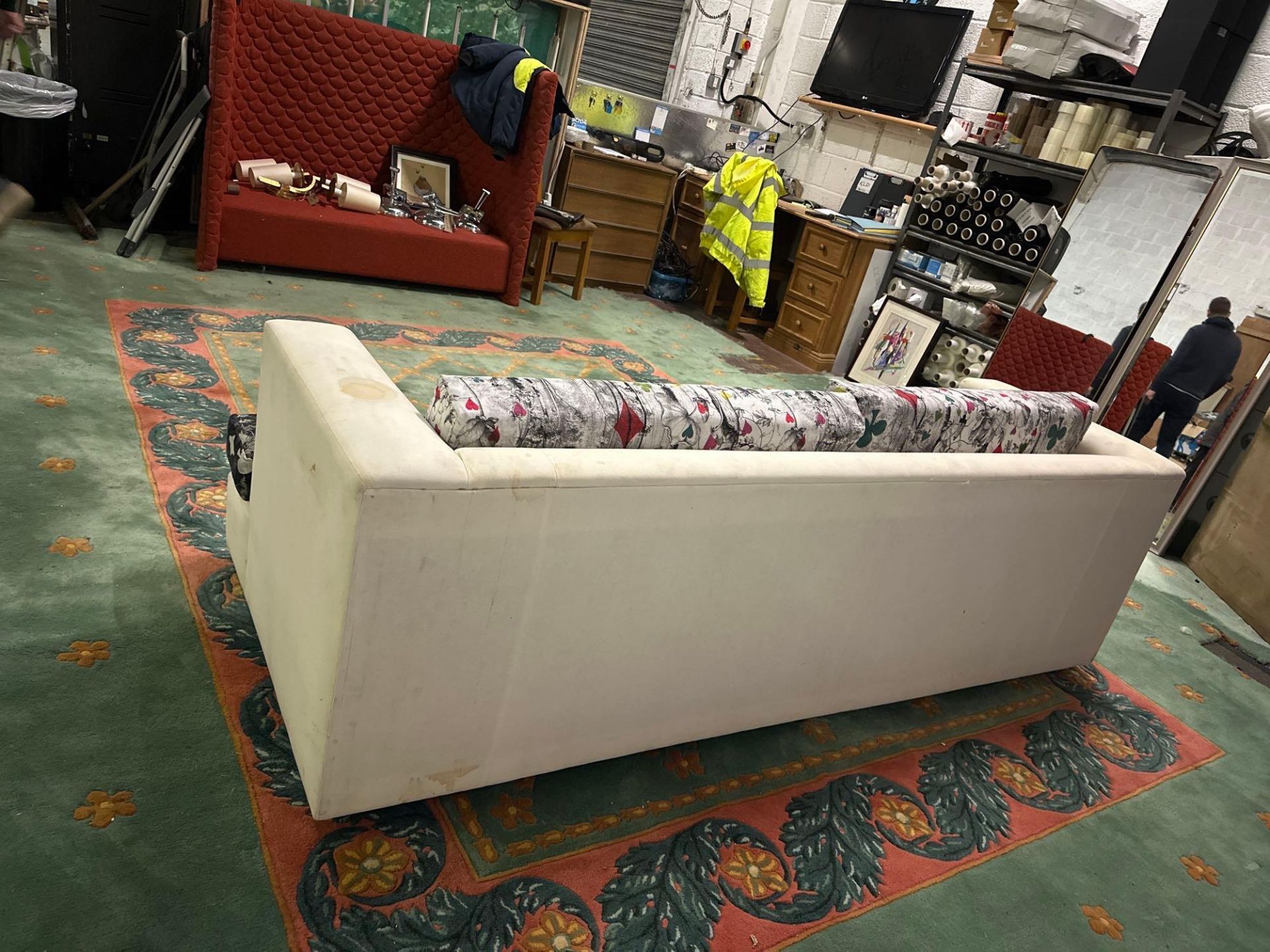 Cream Upholstered Sofa With Patterned Upholstered Cushions 224 X 91 X 72 cm (Lots Of Marks Will Need - Image 3 of 7