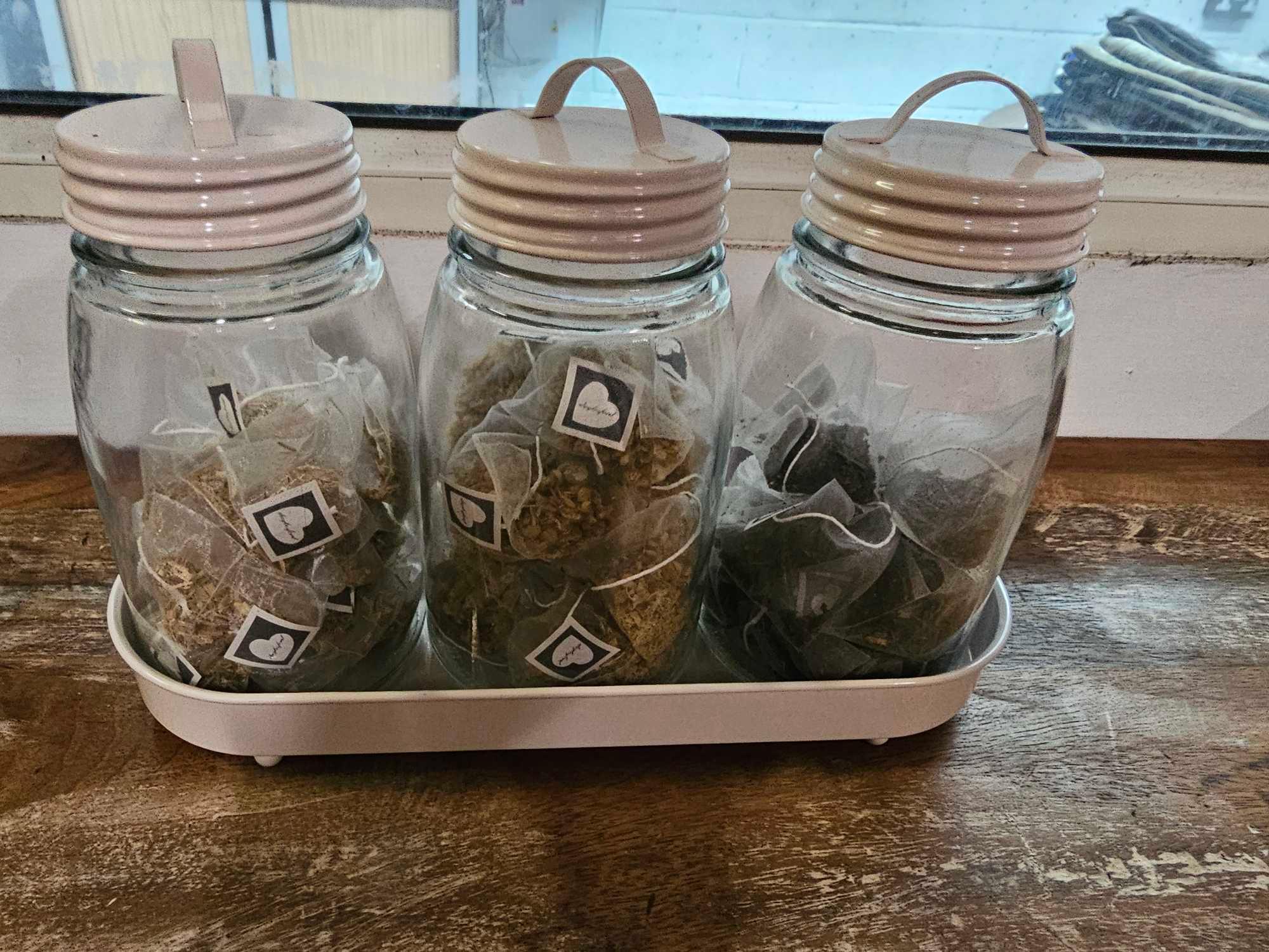 A Set Of 3 x Glass Storage Caddies With Cream Metal Lids And A Similar Tray