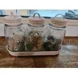 A Set Of 3 x Glass Storage Caddies With Cream Metal Lids And A Similar Tray