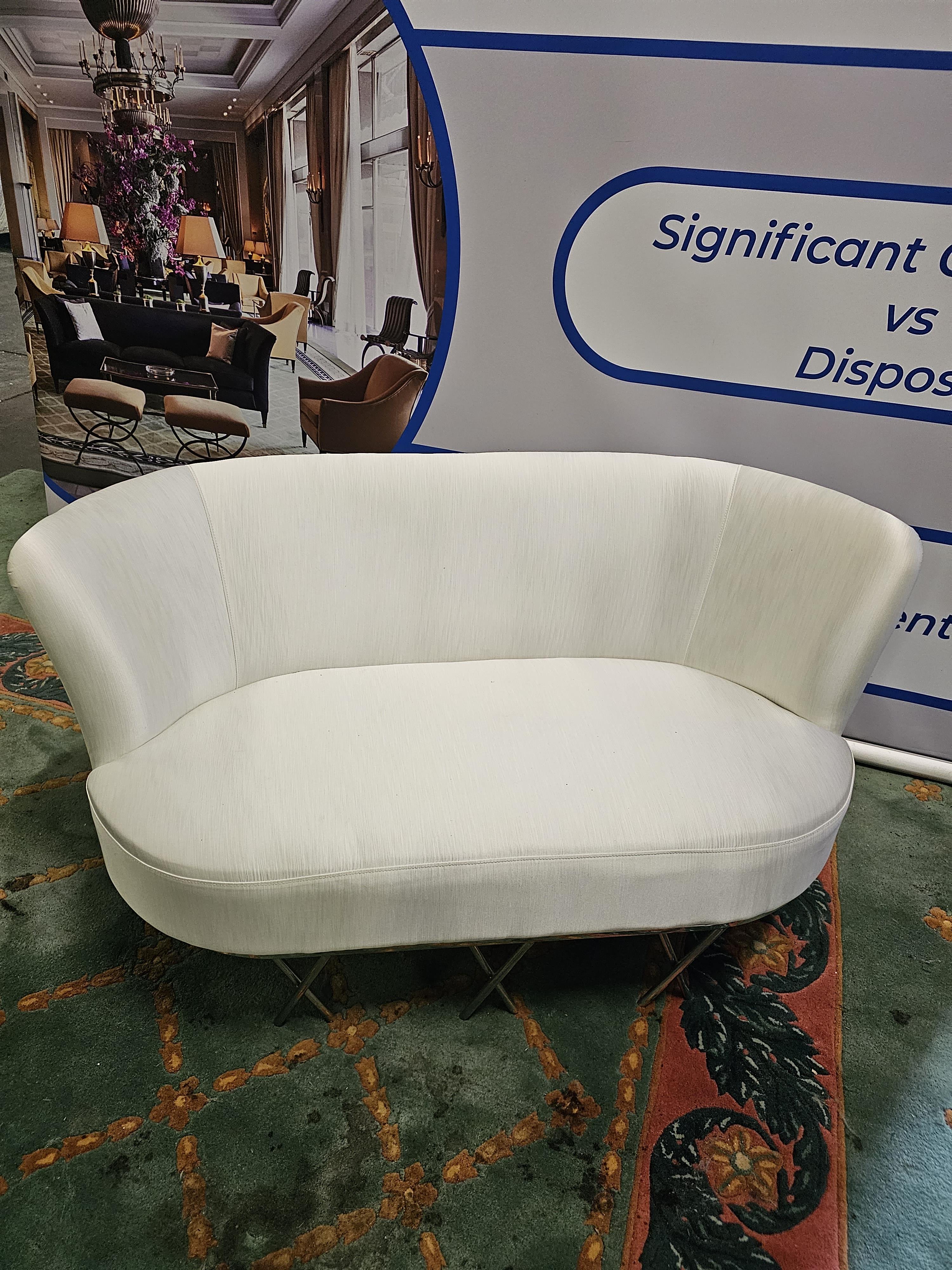 Two Seater Love Seat In A Shiny Oyster White Upholstery On Chrome Feet 155cm x 70cm x 73cm high - Image 8 of 10