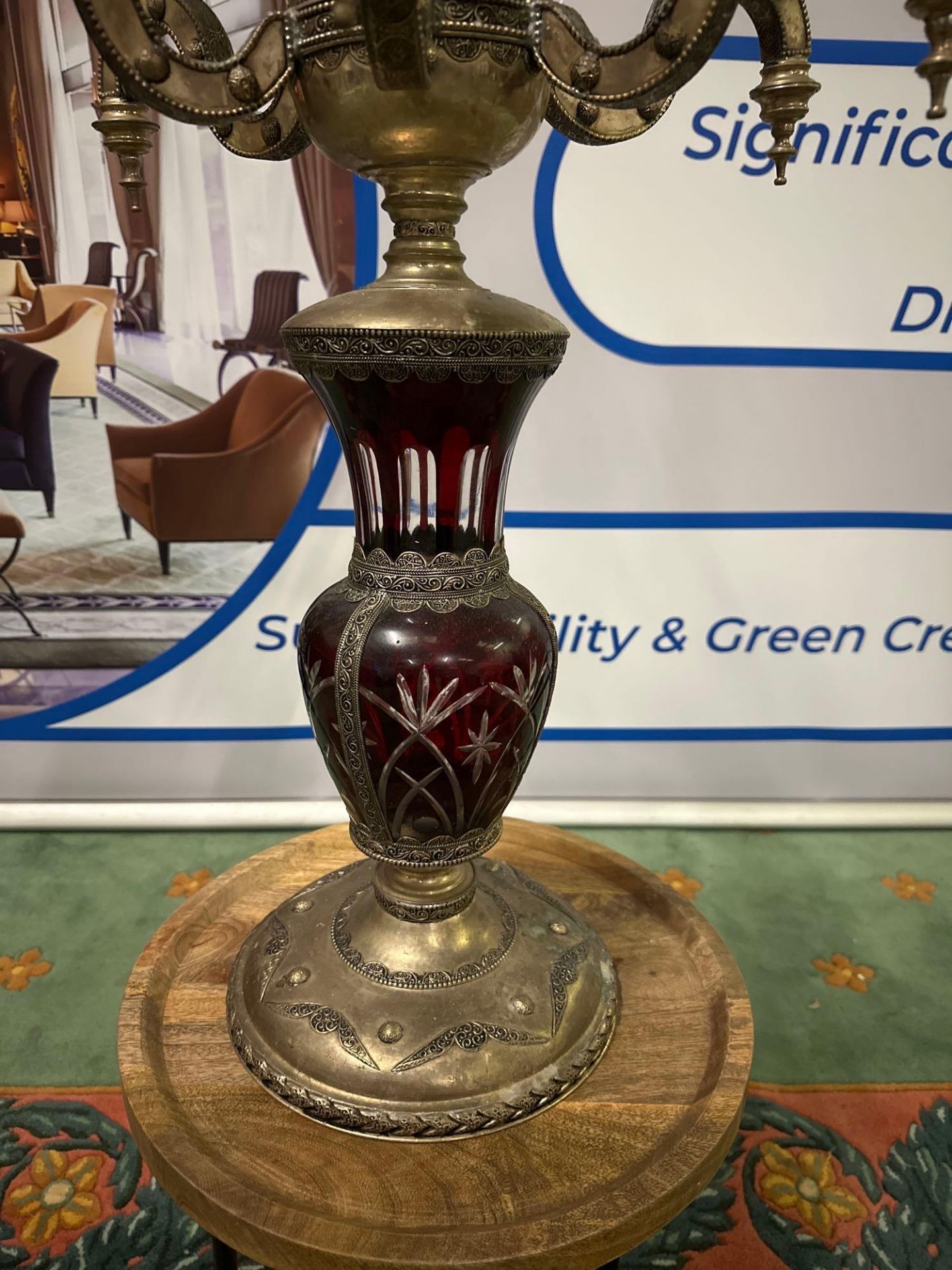 A 6 Arm Candelabra Plus Centre Candle With Red Glass Urn Shaped Body 47 X 90 cm Possibly Moroccan - Bild 2 aus 8