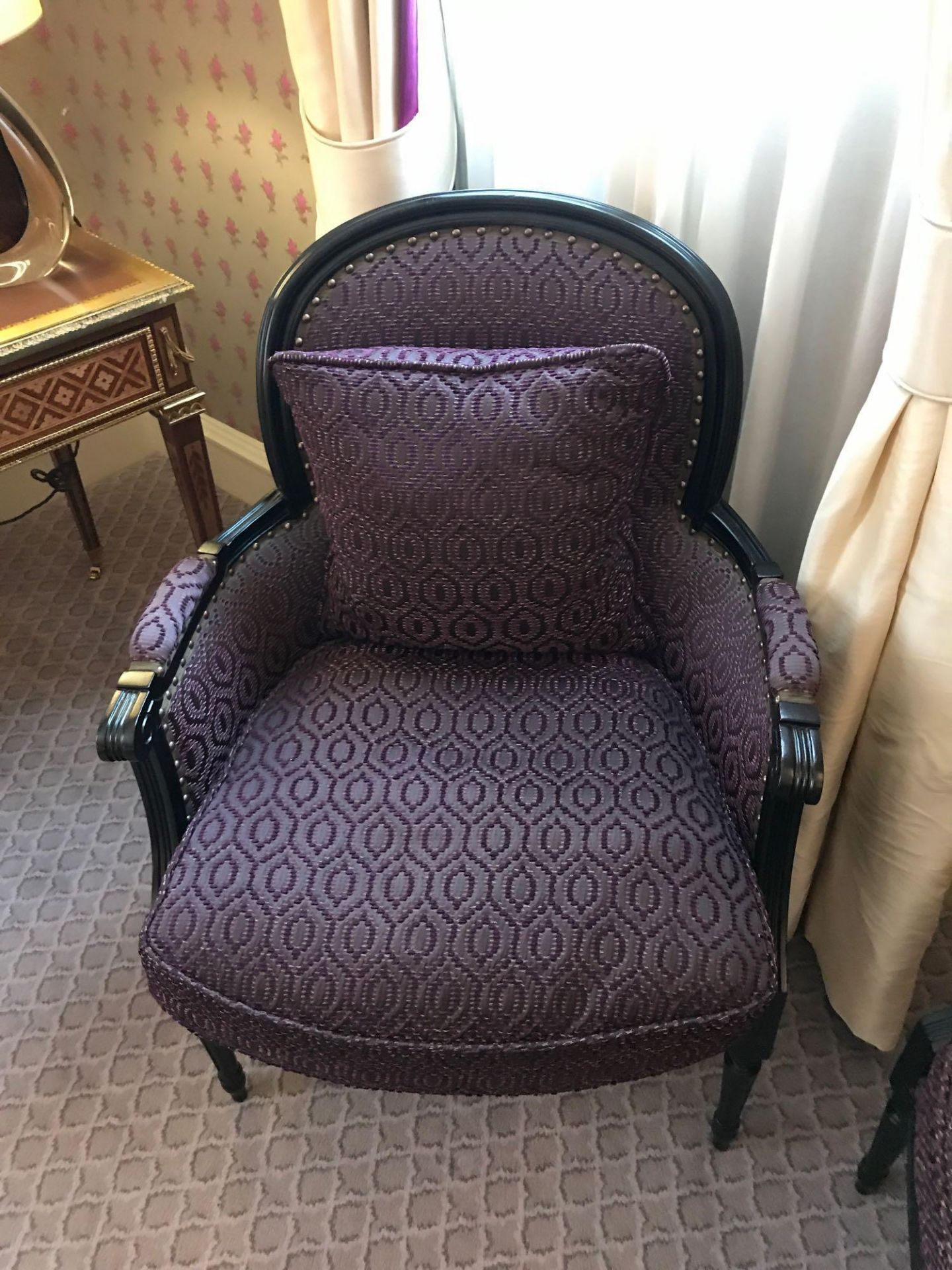 A Pair Of Bergere Chairs Black Wood Frame Upholstered In A Dark Mauve Pattern With Stud Pin Detail - Image 2 of 2