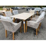 A174 Teak Leg Rectangle Table with 6 x Rope Armchairs Sandstone
