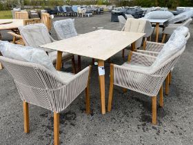 A174 Teak Leg Rectangle Table with 6 x Rope Armchairs Sandstone