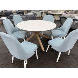 A47 140cm Round Star Leg Dining Table with 6 x Frosty Fabric Armchairs