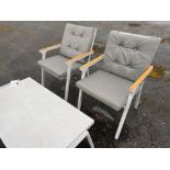A82 2 x Teak Arm Dining Chairs with Rectangular Coffee Table Light Grey