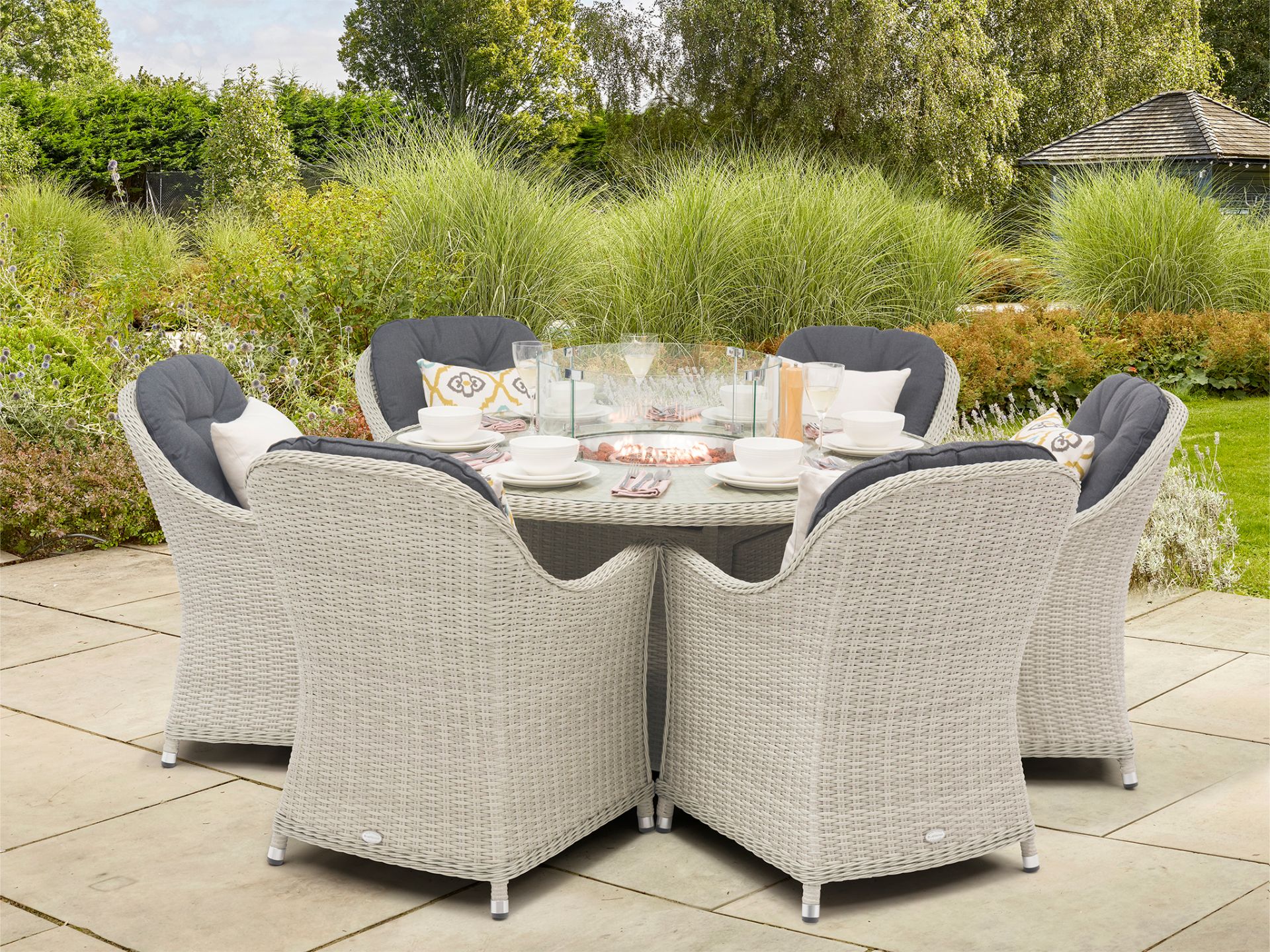 Set A585 Monterey 140cm Round Table Firepit Table with Glass Top & 6 Armchairs - Dove Grey