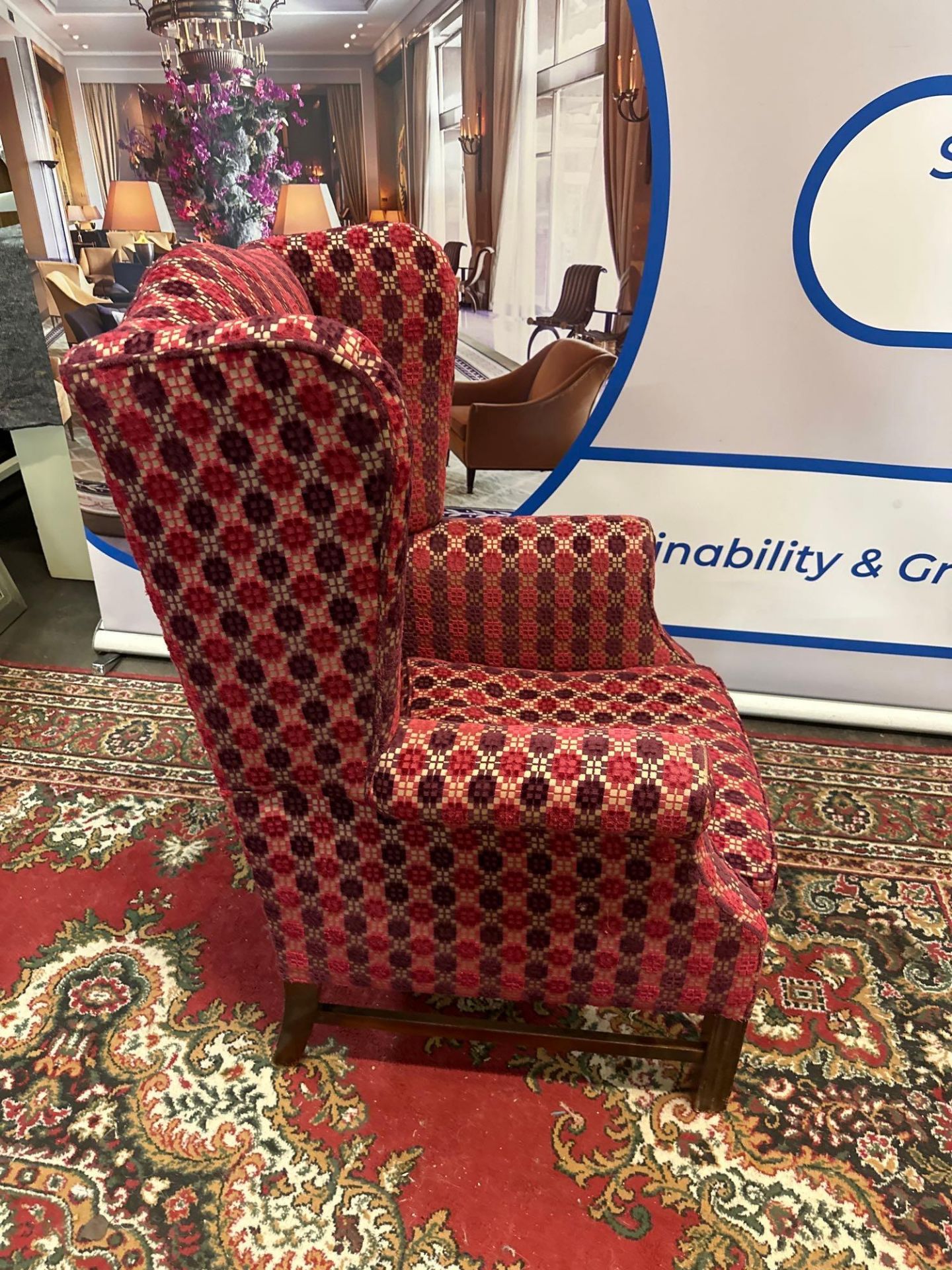 Queen Anne High Back Fireside Wing Chair Upholstered In Pink And Purple On Wooden H Frame Legs Sit - Image 4 of 5