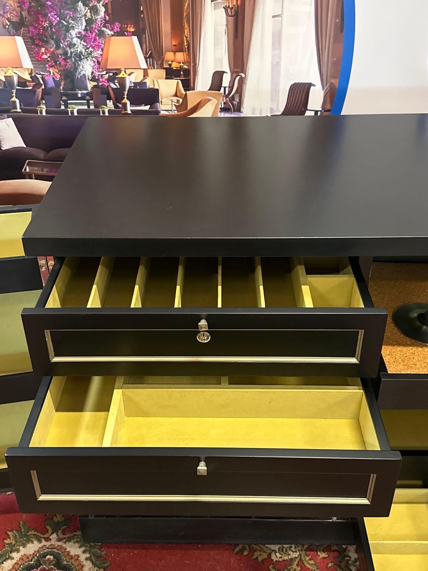 Black And Gold Wooden Two Door Mini Bar Cabinet With Crystal Door Handles, Pull Out Shelves And Soft - Image 9 of 10