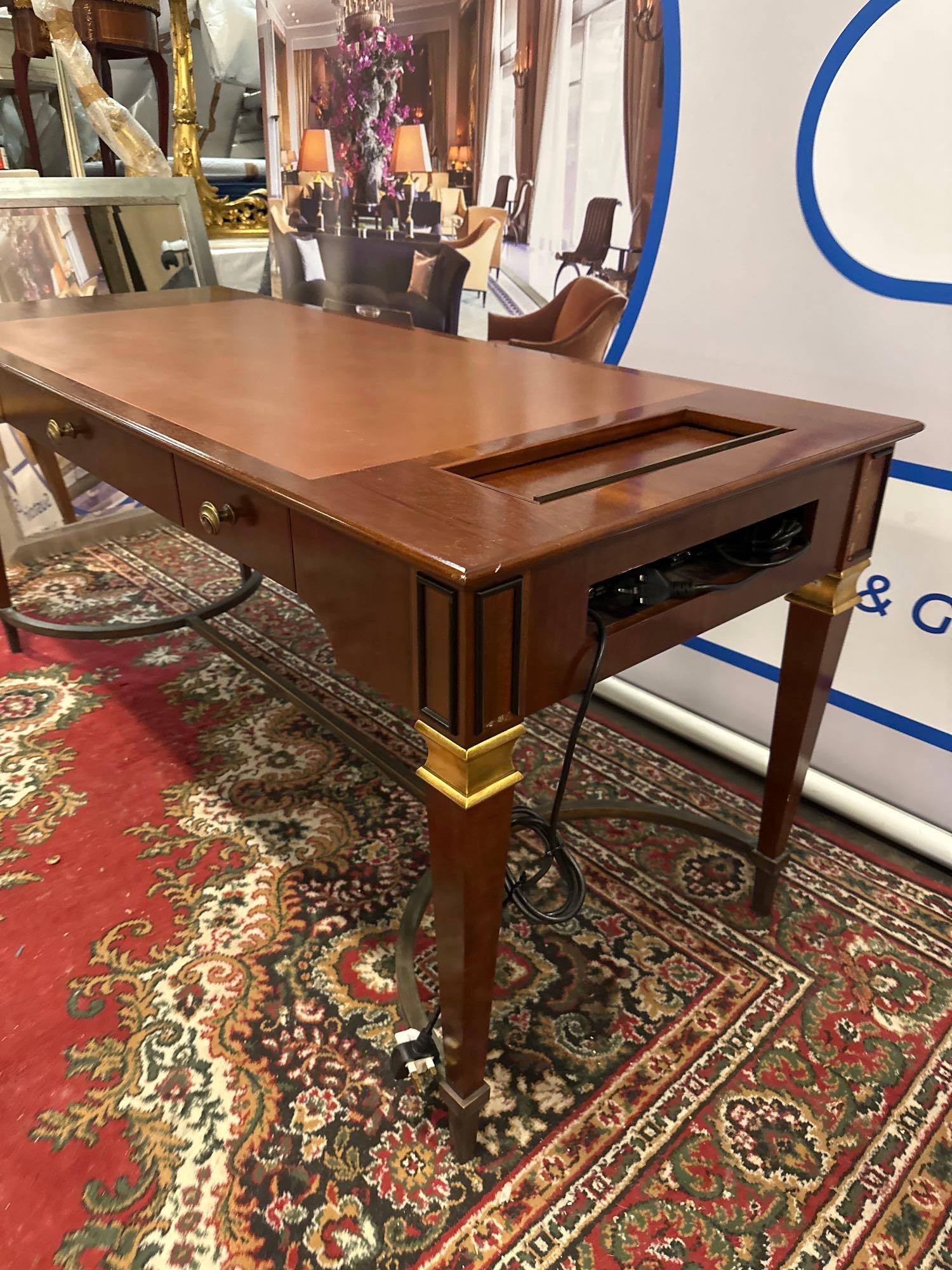 Writing Table With Leather Inlay, Soft Close Drawer On Tapering Legs And Brass Stretcher And - Image 2 of 8