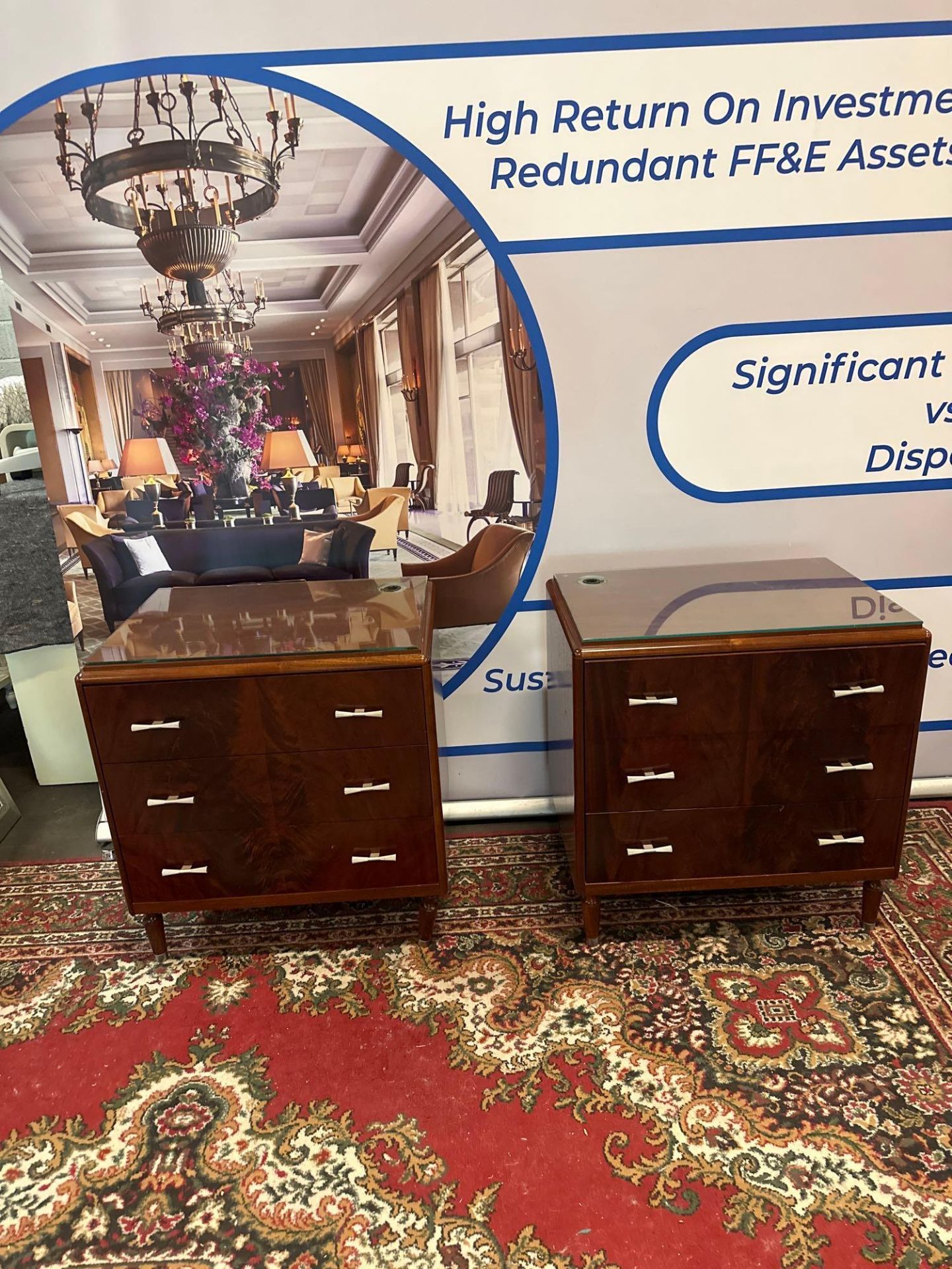 A Pair Of Walnut Three Drawer Bedside Cabinets With Glass Top Bespoke For The Mandarin Oriental